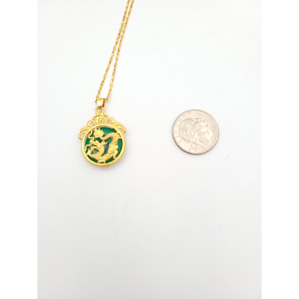 Green Jade Gold Tone dragon Pendant On 18k Gold Electroplated Chain Necklace - Picture 8 of 10